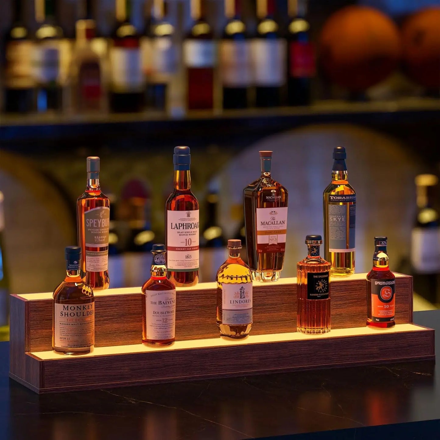 LED Bottle Display Shelf, 3 Step Freestanding Bar Shelf with App & Remote Control, Illuminated Drinks Rack, Walnut