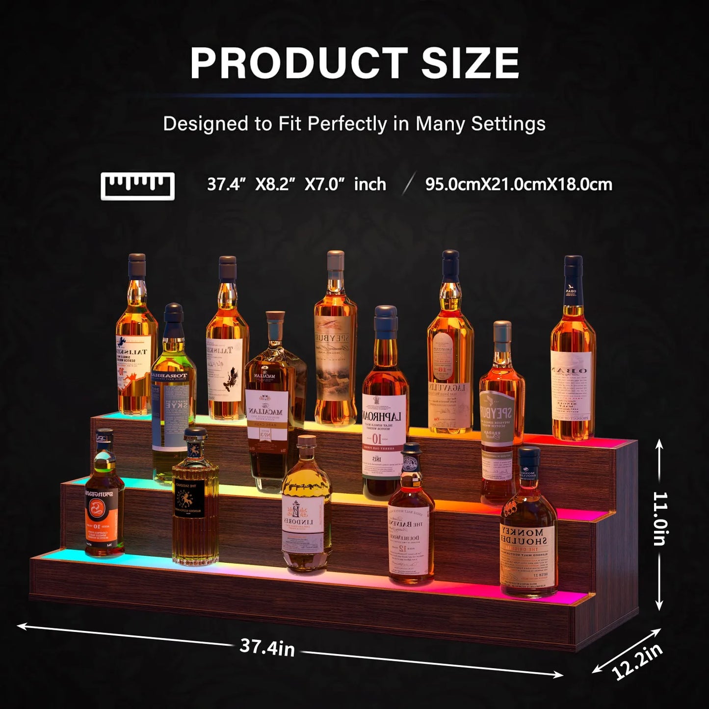 Cubehom LED Bottle Display Shelf, 3 Step Freestanding Bar Shelf with App & Remote Control, Illuminated Drinks Rack, Walnut