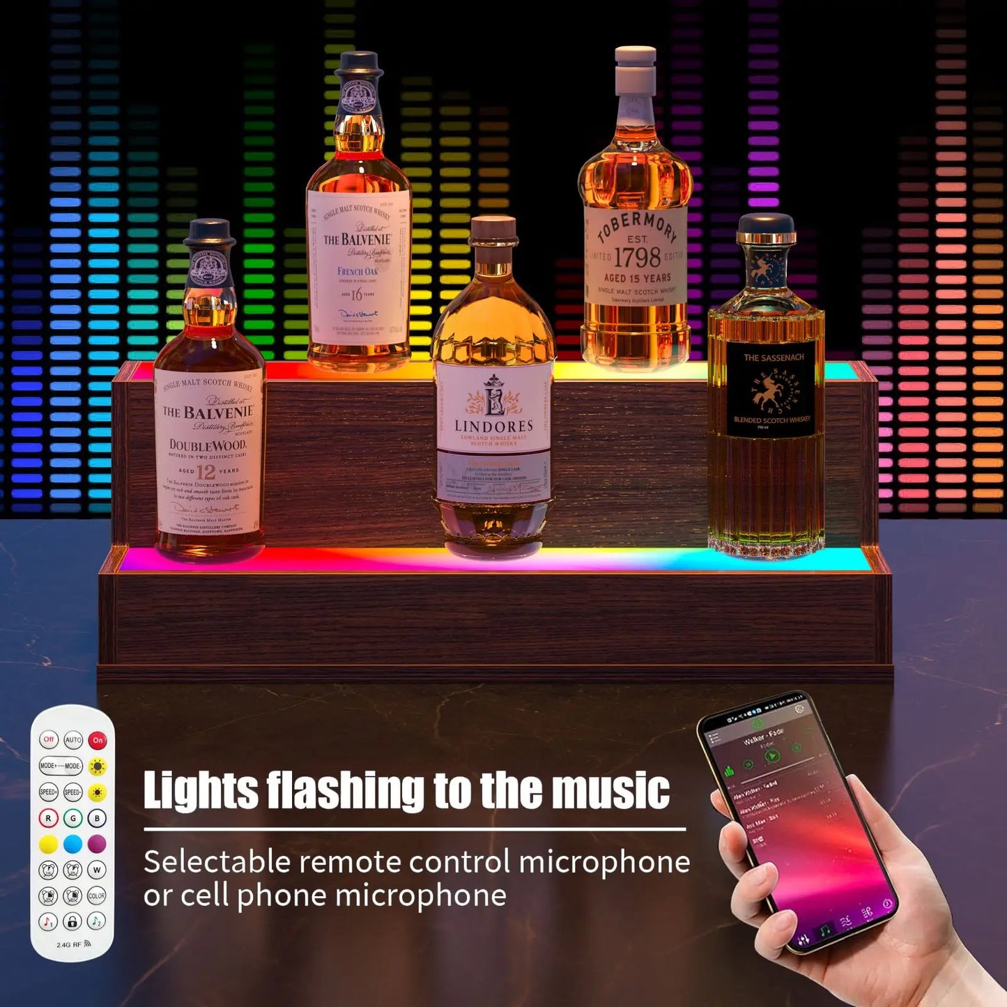 LED Bottle Display Shelf, 3 Step Freestanding Bar Shelf with App & Remote Control, Illuminated Drinks Rack, Walnut