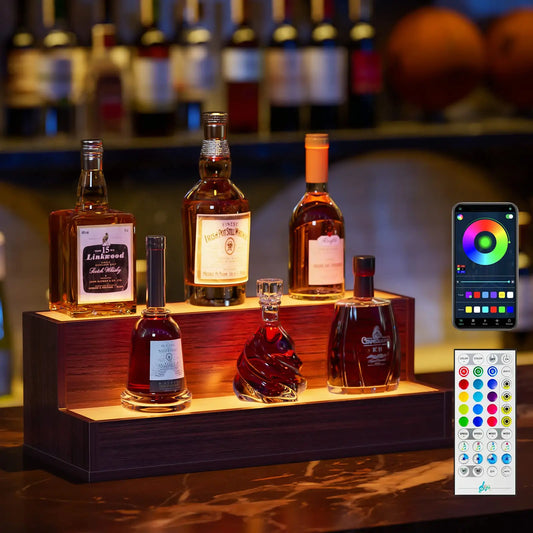 LED Bottle Display Shelf, 3 Step Freestanding Bar Shelf with App & Remote Control, Illuminated Drinks Rack, Walnut