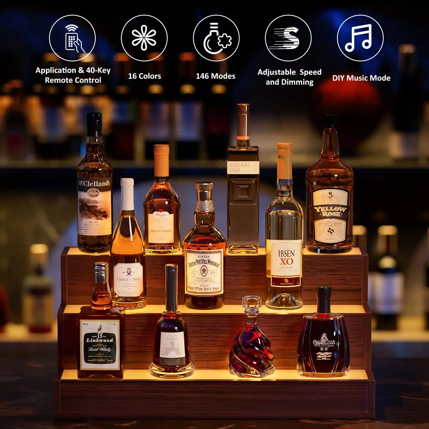 Cubehom LED Bottle Display Shelf, 3 Step Freestanding Bar Shelf with App & Remote Control, Illuminated Drinks Rack, Walnut
