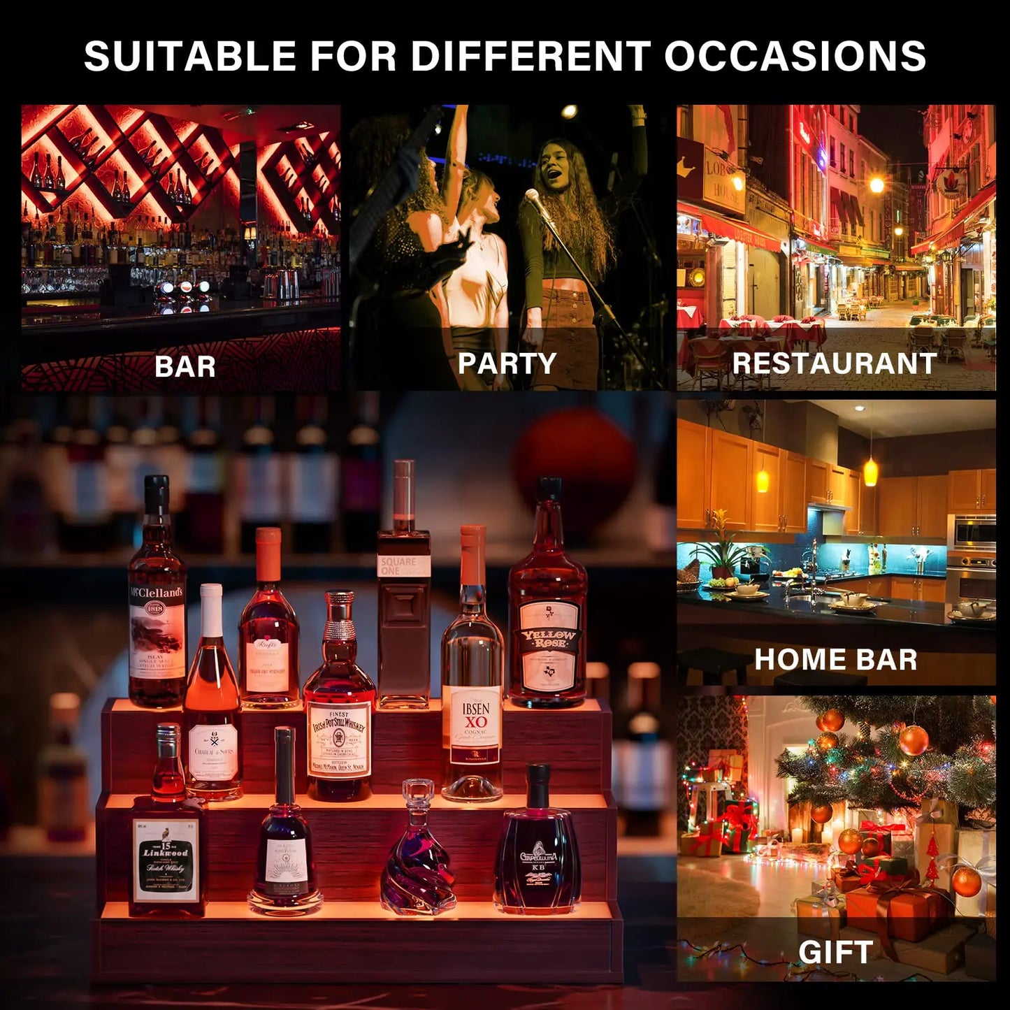 Cubehom LED Bottle Display Shelf, 3 Step Freestanding Bar Shelf with App & Remote Control, Illuminated Drinks Rack, Walnut