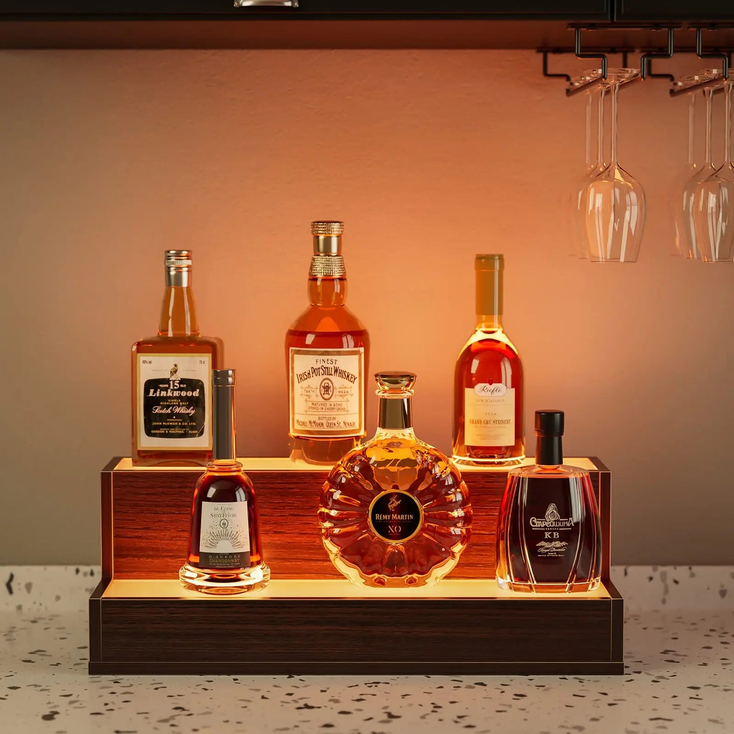 LED Bottle Display Shelf, 3 Step Freestanding Bar Shelf with App & Remote Control, Illuminated Drinks Rack, Walnut