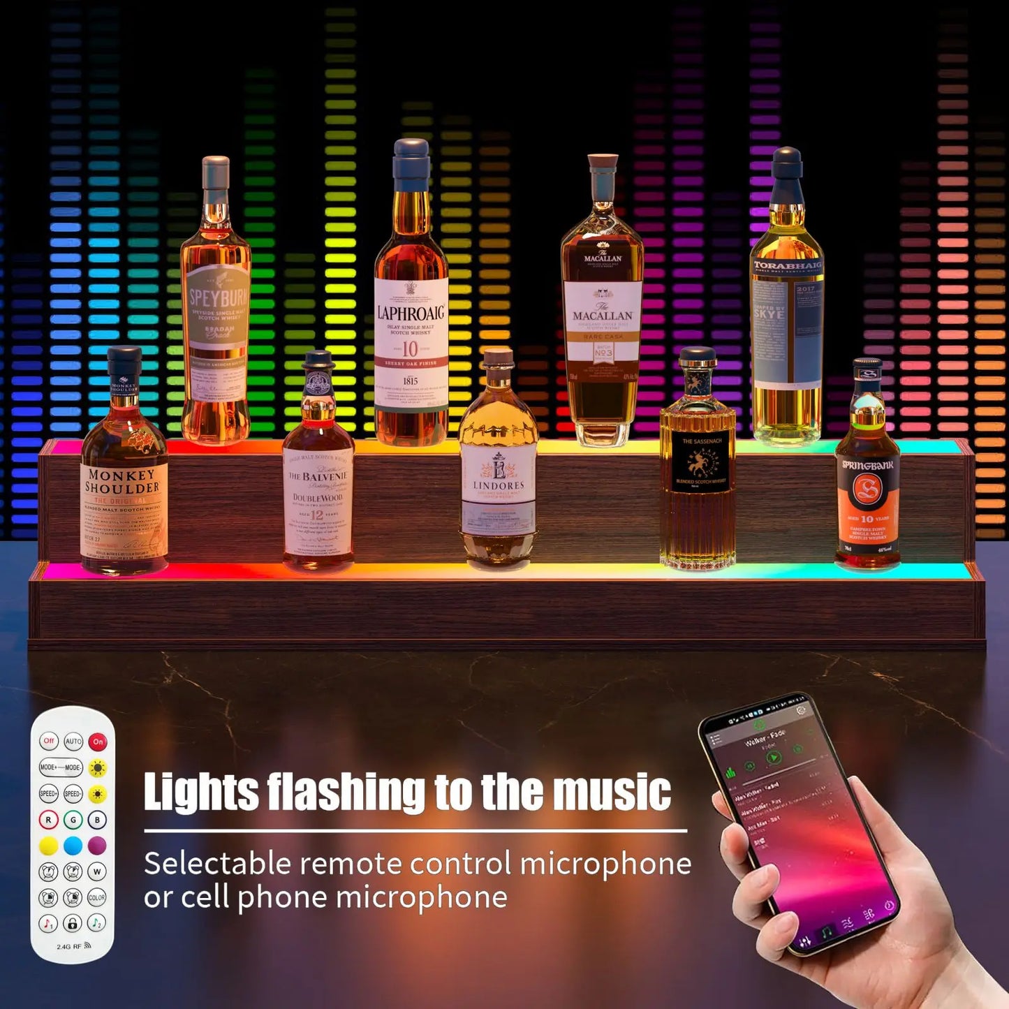 LED Bottle Display Shelf, 3 Step Freestanding Bar Shelf with App & Remote Control, Illuminated Drinks Rack, Walnut