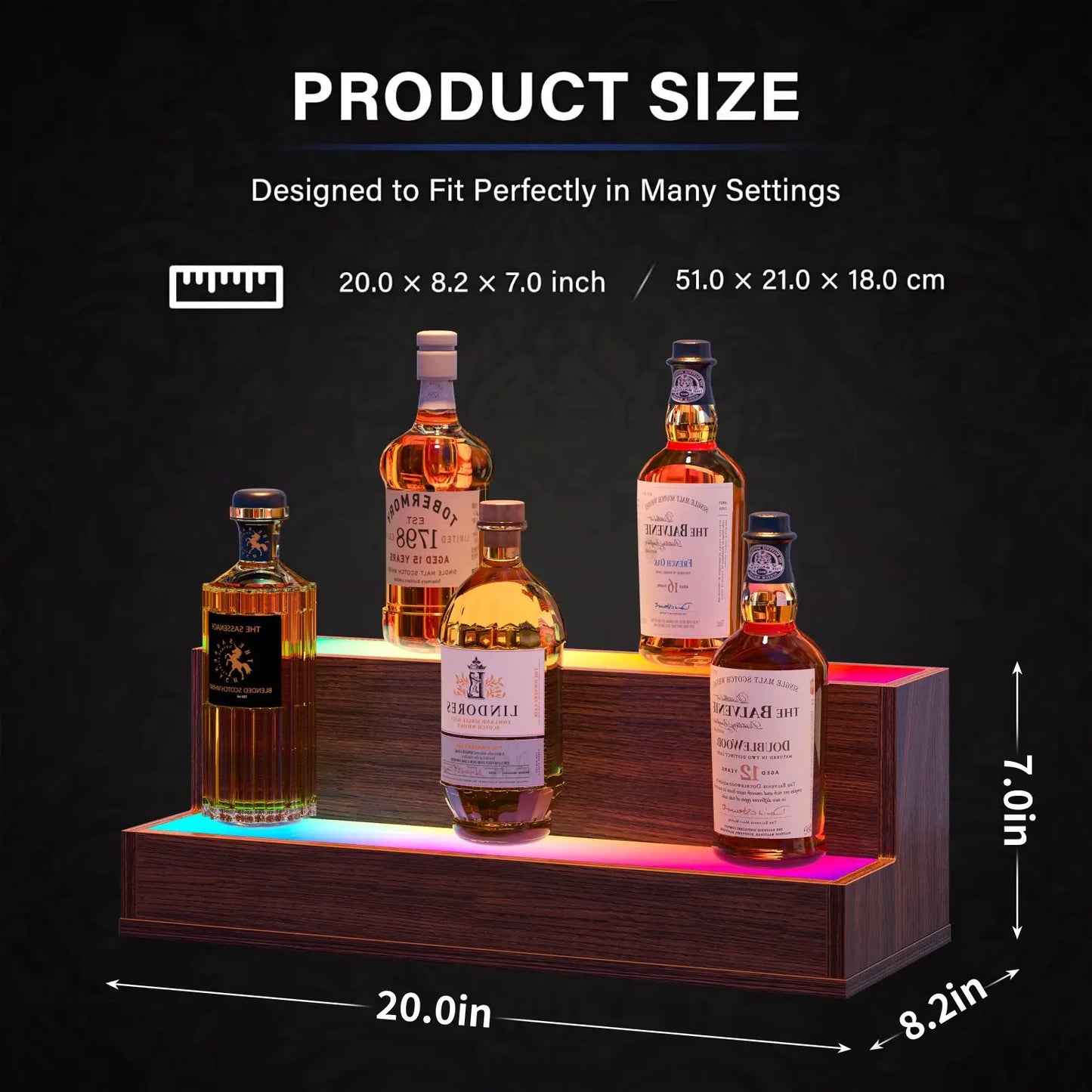 LED Bottle Display Shelf, 3 Step Freestanding Bar Shelf with App & Remote Control, Illuminated Drinks Rack, Walnut