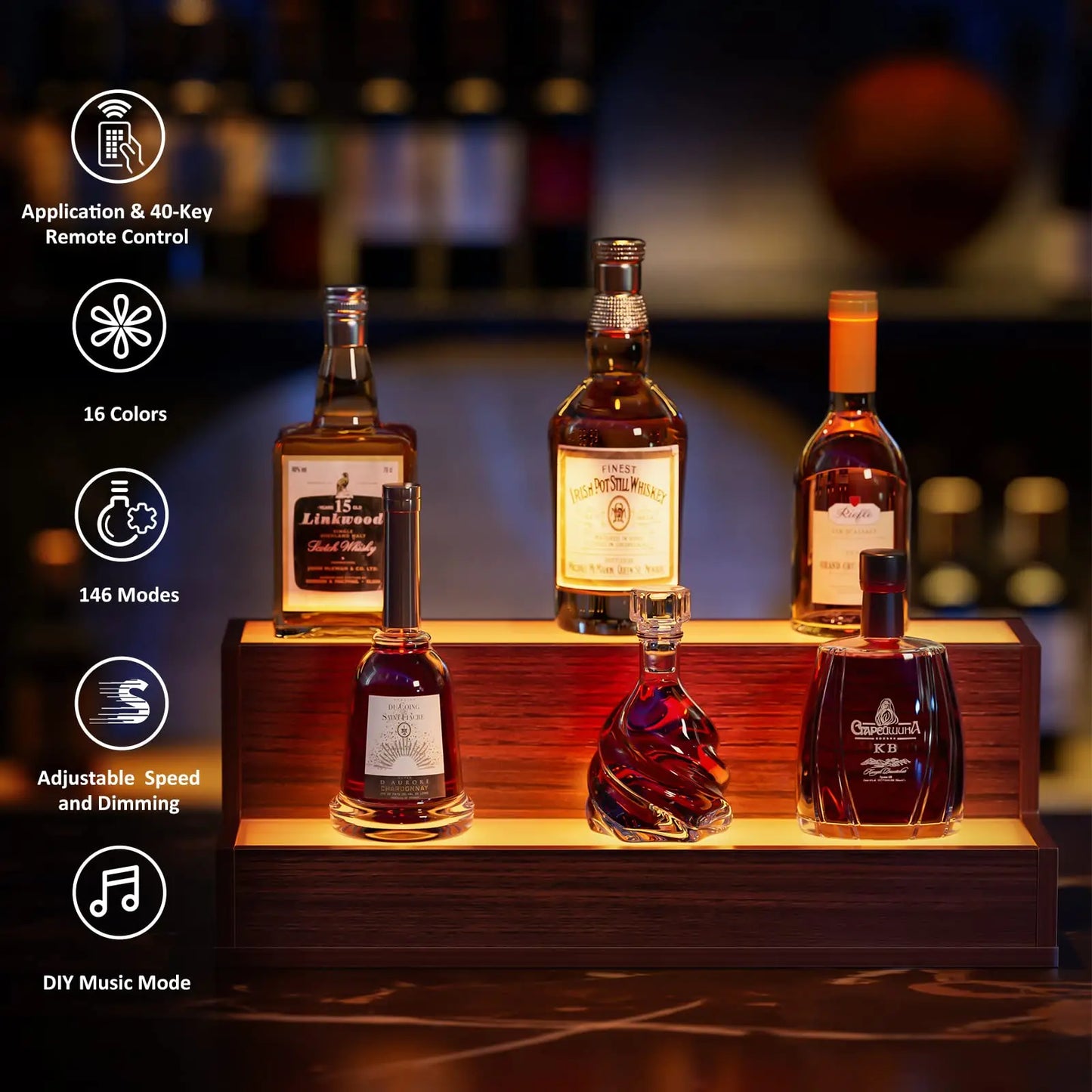 LED Bottle Display Shelf, 3 Step Freestanding Bar Shelf with App & Remote Control, Illuminated Drinks Rack, Walnut